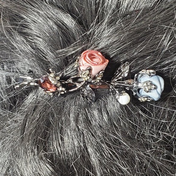 Coral Pink & Cornflower Blue Silk Petite Roses Barrette - Pearl - Garnet Crystal - Picture 5 of 10